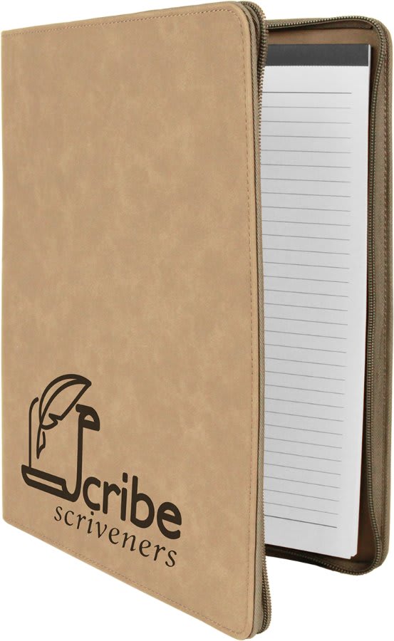 Zipper Portfolio w/Notepad Leatherette 9 1/2" x 12" Light Brown w/Black Engraving at Artisan Branding Company